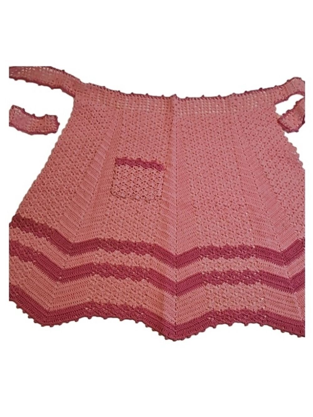 Hand Crafted Crochet Apron Pink Floral Open Stitch